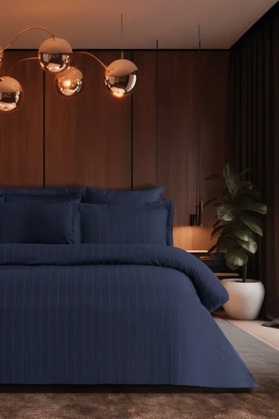 Pierre Cardin Çizgili Saten Nevresim Takımı Çift Kişilik Voyage İndigo ürün görseli 1