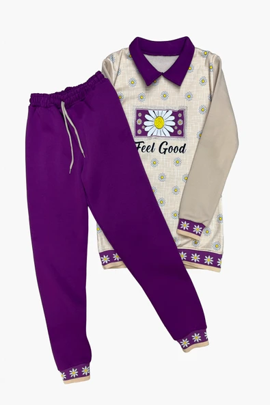 Kız Çocuk Papatya Baskılı Taş Süslemeli 3 İplik  Alt Üst Takım 12324 - Resim 2