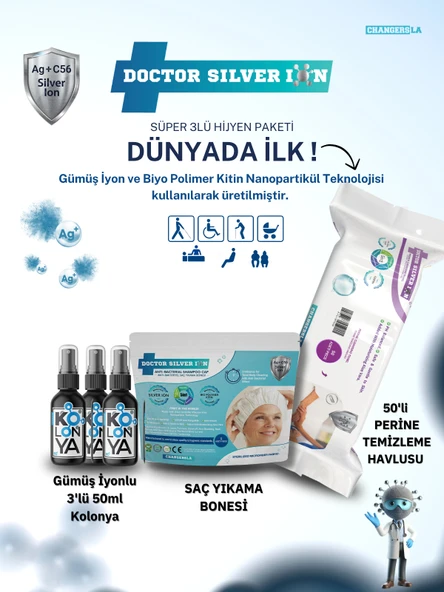 Gümüş İyonlu 3'lü 50ml Kolonya, Saç Yıkama Bonesi ve 50'li Perine Islak Mendili Temizlik Seti ürün görseli
