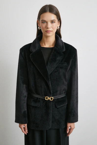 Kemerli Tay Flock Ceket Siyah - 4