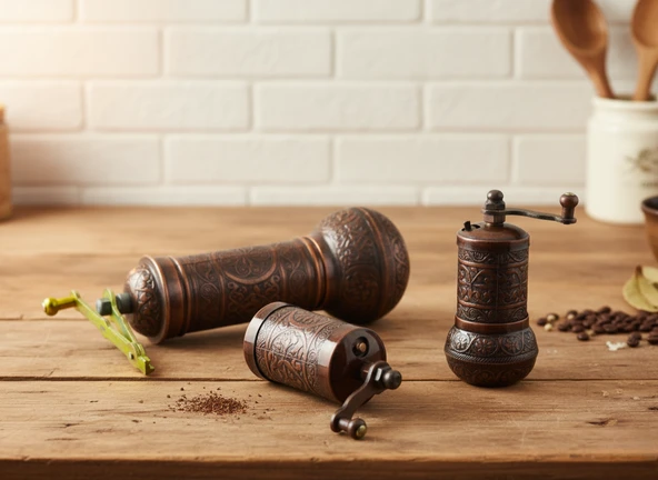 LUDIA Zamak Metal Bakır Renk 3 lü Set Karabiber,Kahve,Çörek Otu El Değirmeni Öğütücü Grinder - 4