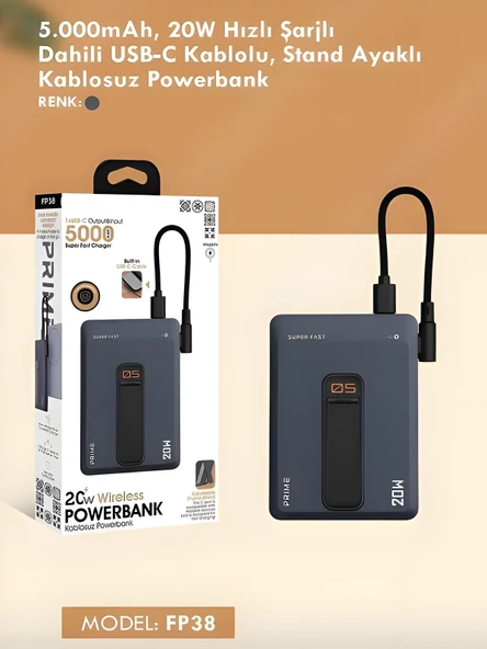 5000mAh 20W Hızlı Şarj Kablosuz Magsafe Powerbank Type-C Kablolu/Girişli Standlı Siyah - Resim 7
