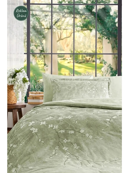 Özdilek Yeşil White Sakura Çift Kişilik Lastikli Çarşaf Nevresim Takımı 7220 - 5