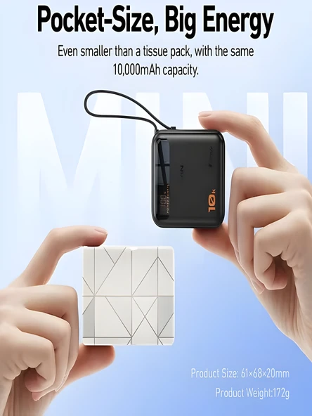 10000mAh Dijital Göstergeli Type-C Kablolu/Girişli 20W Hızlı Şarjlı Powerbank Siyah - 3