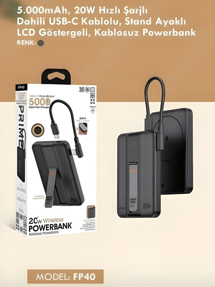 5000mAh 20W Hızlı Şarj Dijital Gösterge Kablosuz Magsafe Powerbank Type-C Kablolu/Girişli Standlı - Resim 6