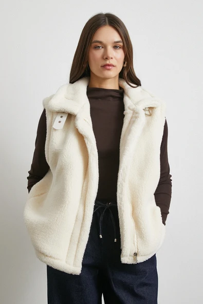 Yaka Detaylı Yumoş Yelek Ekru - Resim 2