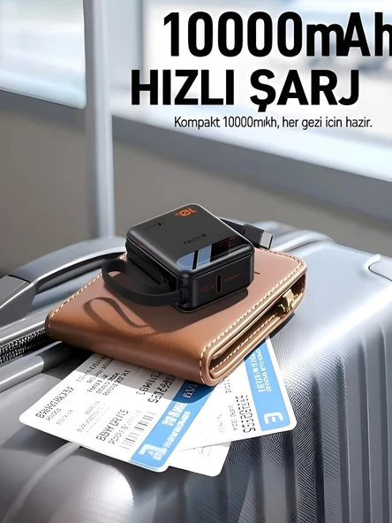 10000mAh Dijital Göstergeli Type-C Kablolu/Girişli 20W Hızlı Şarjlı Powerbank Siyah - Resim 4