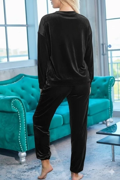 Lucky Life Kadın Uzun Kollu Yuvarlak Yakalı Kadife Bluz Ve Pantolon Takım - Resim 7