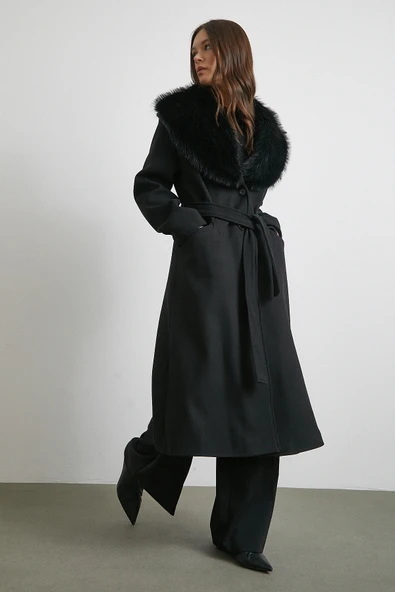 Kürk Yaka Kuşaklı Kaşe Kaban Siyah ürün görseli 1