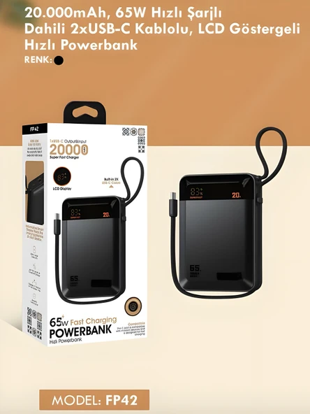 20000mAh 65W Hızlı Şarj Dijital göstergeli Type-C Kablolu/Girişli Askılı Powerbank Siyah - Resim 7