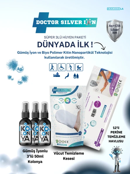 Gümüş İyonlu 3'lü 50ml Kolonya , Vücut Temizleme Kesesi ve 12'li Perine Islak Mendili Temizlik Seti ürün görseli