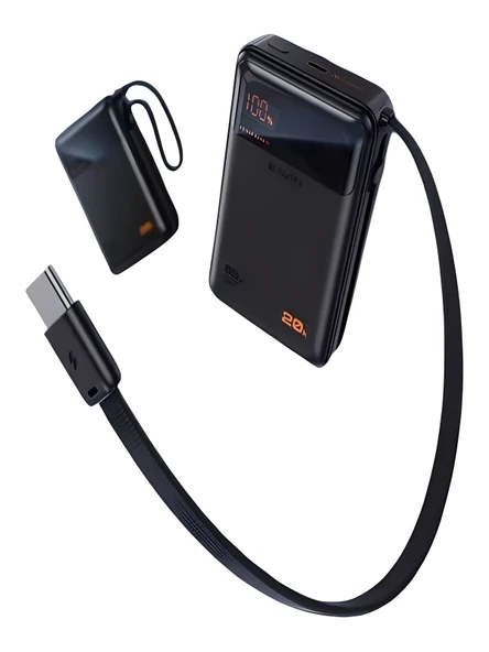 20000mAh 65W Hızlı Şarj Dijital göstergeli Type-C Kablolu/Girişli Askılı Powerbank Siyah - Resim 6