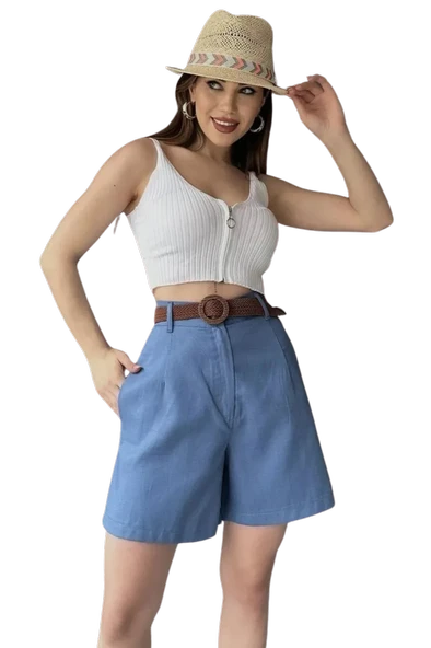 Rahat Kesim Kemerli Mom Şort-AÇIK MAVİ