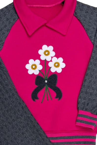 Kız Çocuk Papatya Nakışlı Ribana Detaylı 3 İplik Alt- Üst Takım 12322 - Resim 12