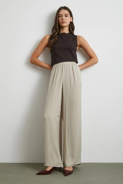 Beli Lastikli Dökümlü Geniş Paça Pantolon Taş ürün görseli