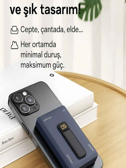 5000mAh 20W Hızlı Şarj Kablosuz Magsafe Powerbank Type-C Kablolu/Girişli Standlı Siyah - Resim 5