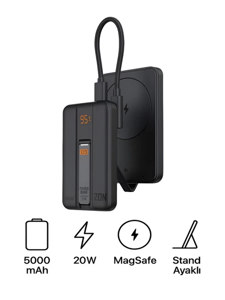 5000mAh 20W Hızlı Şarj Dijital Gösterge Kablosuz Magsafe Powerbank Type-C Kablolu/Girişli Standlı - Resim 4