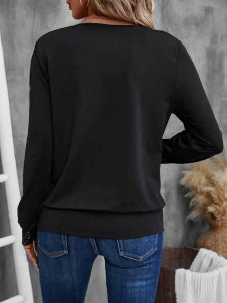 Lucky Life Kadın Uzun Kollu V Yakalı Içi Süprem Desenli Dışı Viskon Bluz - Resim 4