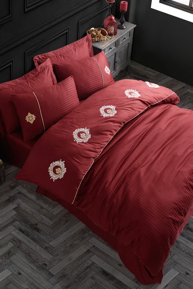 Hobby Bordo Çift Kişilik Nakışlı Saten Nevresim Takımı - Resim 3