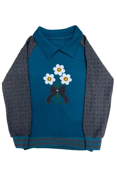 Kız Çocuk Papatya Nakışlı Ribana Detaylı 3 İplik Alt- Üst Takım 12322 - Resim 4