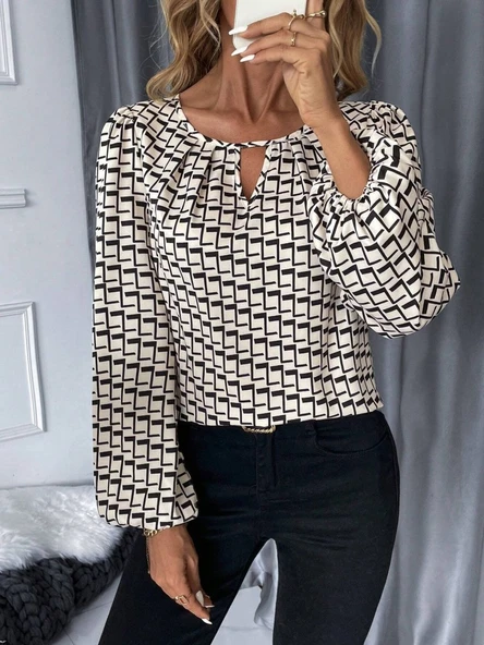 Lucky Life Kadın Uzun Kollu Damla Detaylı Yaka Desenli Süprem Bluz - Resim 5