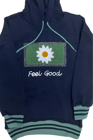 Kız Çocuk Kapüşonlu Papatya Nakışlı Taş Süslemeli 3 İplik Alt- Üst Takım 12323 - Resim 9