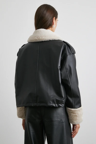 Körüklü Cep Deri Mont Siyah - Resim 7