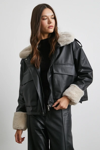 Körüklü Cep Deri Mont Siyah - Resim 5