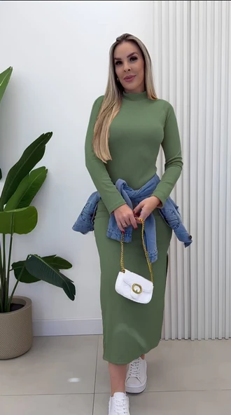 Lucky Life Kadın Uzun Kollu Balıkçı Yakalı Yanlardan Yırtmaçlı Kaşkorse Maxi Elbise - Resim 2