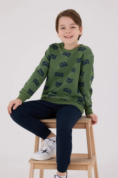 Roly Poly Garson Erkek Çocuk Bej Desenli Pamuklu Uzun Kollu Eşofman Takım