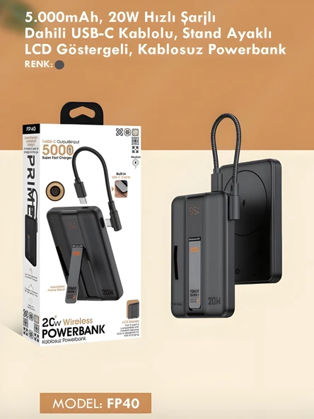 5000mAh 20W Hızlı Şarj Dijital Gösterge Kablosuz Magsafe Powerbank Type-C Kablolu/Girişli Standlı - 2