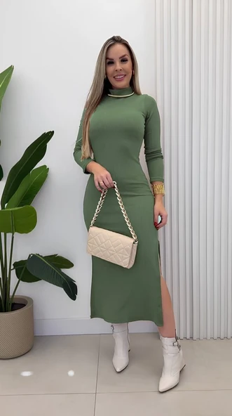 Lucky Life Kadın Uzun Kollu Balıkçı Yakalı Yanlardan Yırtmaçlı Kaşkorse Maxi Elbise - Resim 3