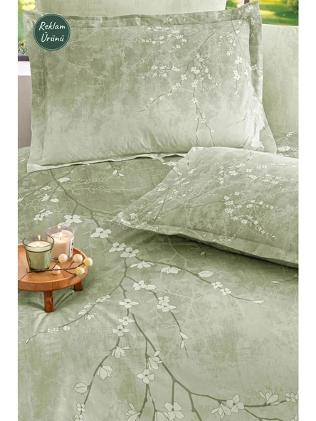 Özdilek Yeşil White Sakura Çift Kişilik Lastikli Çarşaf Nevresim Takımı 7220 - 2