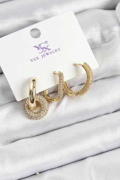 Pirinç Zİrkon Taşlı Halka Model Gold Renk 3'lü Kadın Küpe - TJ-BKP10945 ürün görseli