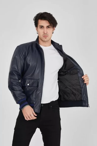 Erkek Fermuarlı İçten Elyaf Ve Astarlı Suni Deri Ceket - Lacivert - Resim 4