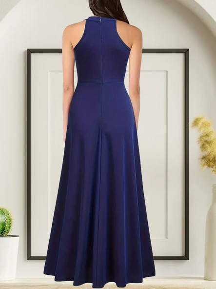 Kadın Halter Yaka Derin Yırtmaç Detaylı Tam Boy Janjan Krep Abiye Elbise - Resim 2