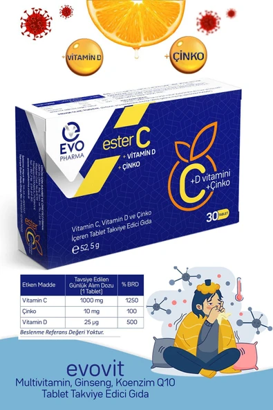 EVOPHARMA Ester C Vitamin D Vitamin C Ve Çinko Içeren Takviye Edici Gıda 30 Tablet - Resim 3