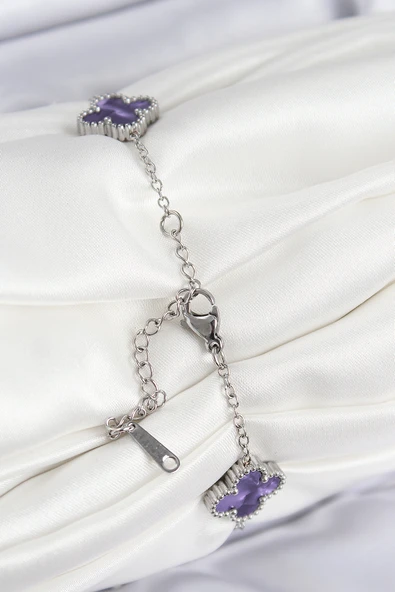 316L Çelik Sedefli Mor Gümüş Renk Yonca Kadın Bileklik - TJ-BB7674 - Resim 2