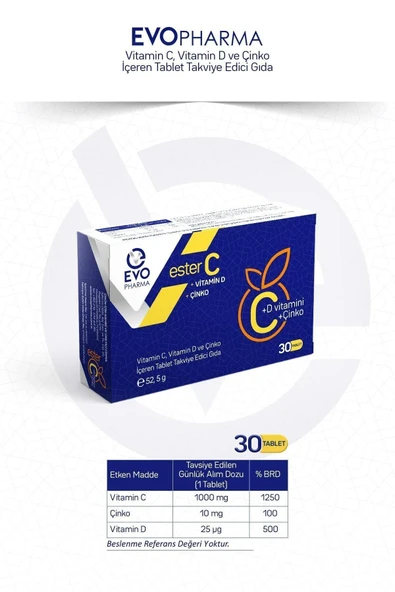 EVOPHARMA Ester C Vitamin D Vitamin C Ve Çinko Içeren Takviye Edici Gıda 30 Tablet - Resim 2