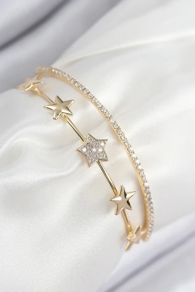 Pirinç Zirkon Taşlı Yıldız Model Gold Renk Kadın Bileklik - TJ-BB7877 ürün görseli
