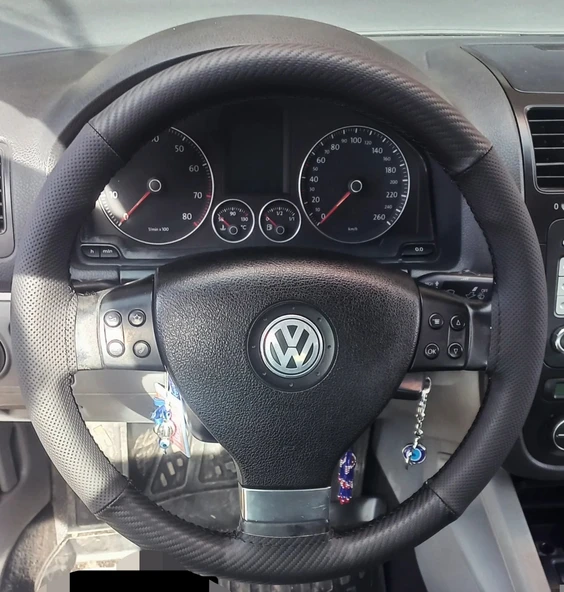 DİKİŞLİ DİREKSİYON KILIFI KARBON DERİ NOKTALI DERİ SİYAH DİKİŞLİ VW GOLF POLO İÇİN ürün görseli