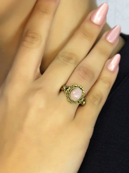Doğal Taş Pembe Kuvars Taşlı Antik Model Kadın Ayarlanabillir Yüzük euy80pk ürün görseli