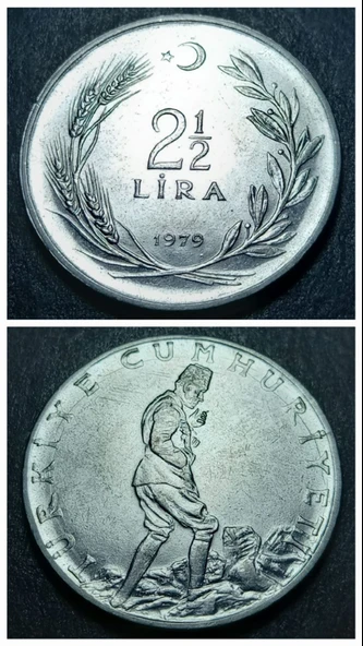 Escoines Koleksiyon 3996368f41bc4d1209 1979 Akmonital 2½ Lira Çatlak Kalıp Nadir Çıkar çil para ürün görseli 1