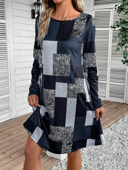 Kadın Uzun Kollu Yuvarlak Yaka Geometrik Süprem Elbise - Resim 2