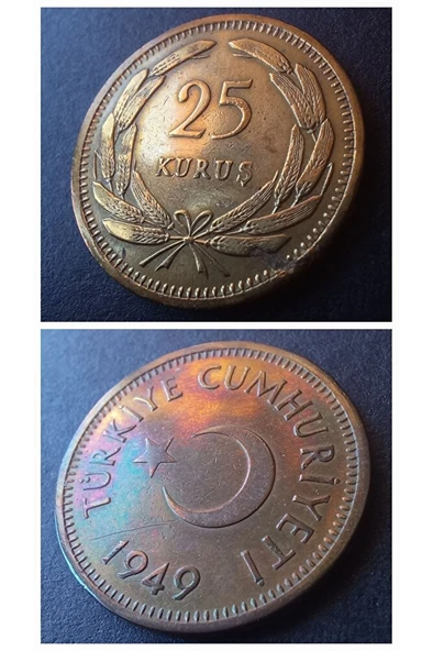 Escoines Koleksiyon 3996368f56d469828a 25 Kuruş 1949 ÇA/ÇİL Rainbow RRRR eski madeni para ürün görseli 1