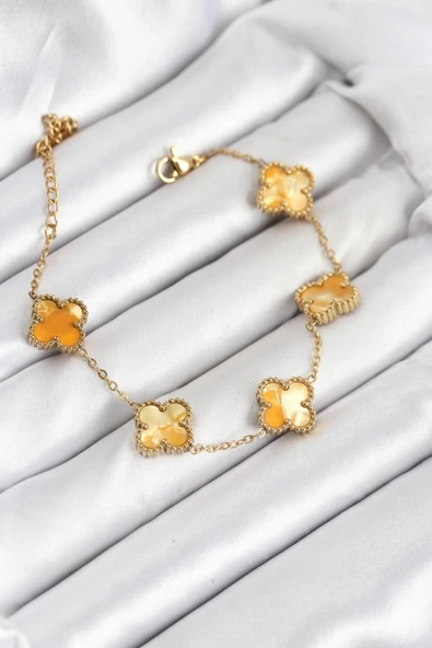 316L Çelik Gold Zincir Sarı Yonca Bileklik - TJ-BB7906 - Resim 2