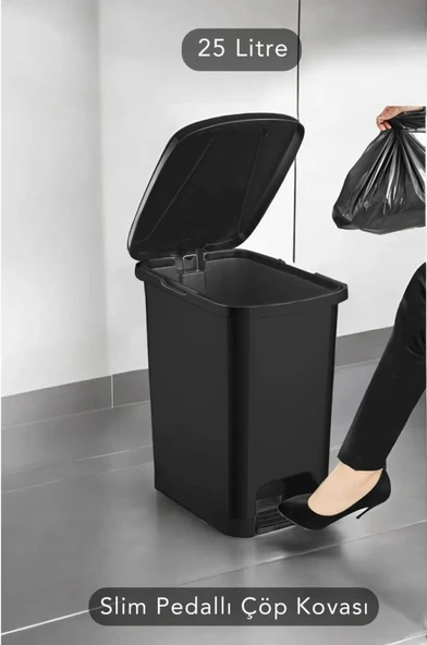 Omnipazar SRL-3029 Slim Pedallı Plastik Çöp Kovası İç Kovalı 25 lt Siyah - Resim 3