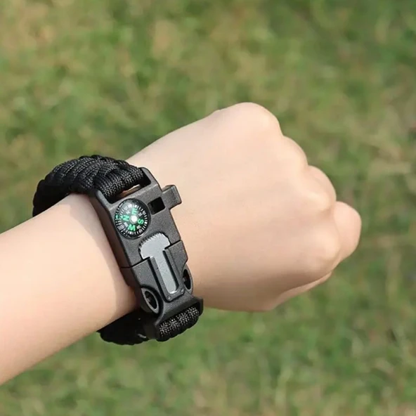 5i 1 Arada Çok Fonksiyonlu Hayatta Kalma Bilekliği Pusula, Düdük, Çakmak Taşı ve Şemsiye İpi Bileklik (5284) - Resim 4