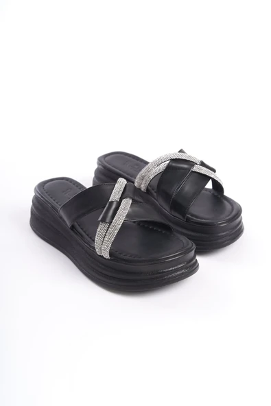 New Ruby Taşlı Şeritli Siyah Kadın Terlik - 4