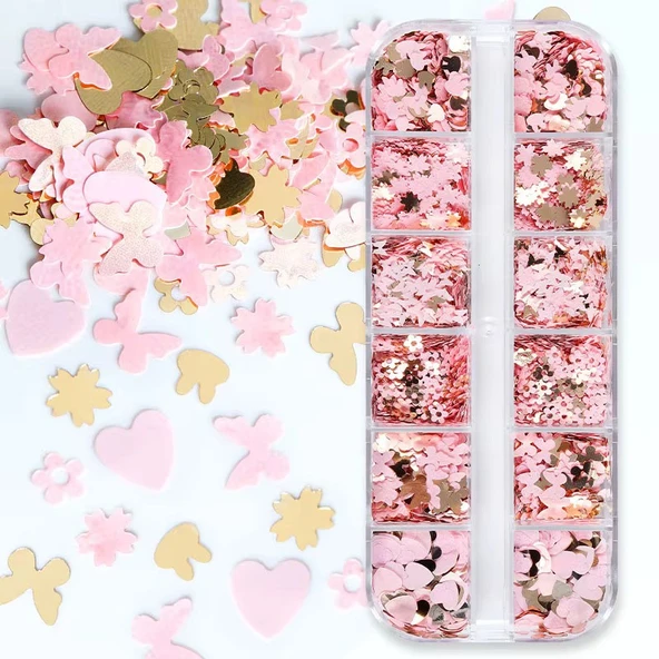 Pembe ve Gold Tırnak Süsleme Folyo Pulları Karışık Dizayn Kelebek Kalp Tavşan Çiçek Nail Art - Resim 2